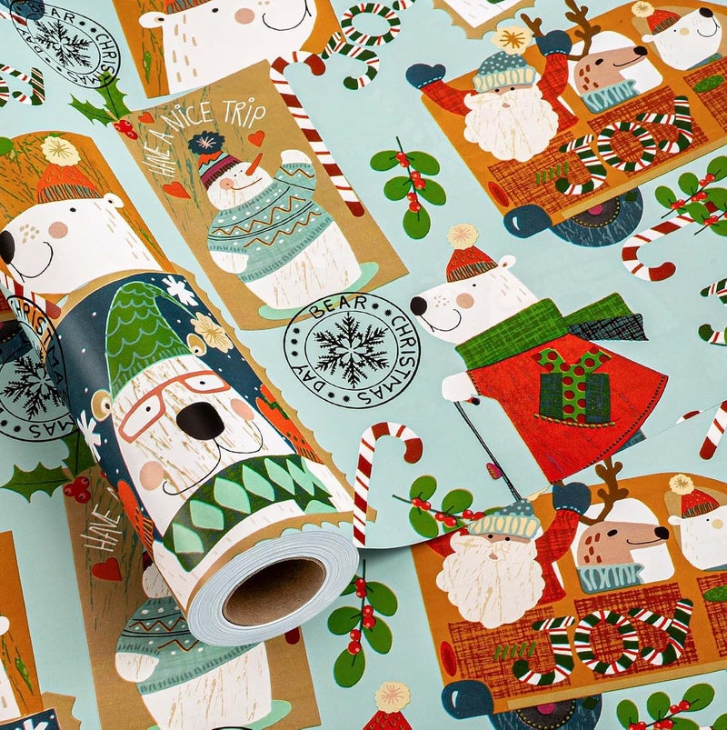 MAYPLUSS Christmas Metallic Foil Shine Gift Wrapping Paper - 17 Inch X 33 Feet - Cute Polar Bear on Scooter, Snowman, Candy Cane and Deer Pattern Gift Wrap Present Paper Roll for Winter, Holiday - Image 1